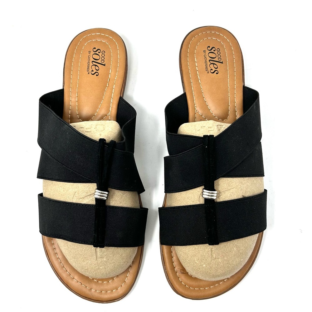 GOOD SOLES by CATHERINES black fabric slides, size 11W, NWOT